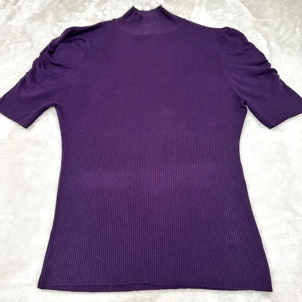 Bebe Women Purple Ribbed Mock Neck Puff Sleeve Sweater Knit Top Sweater Sz Large